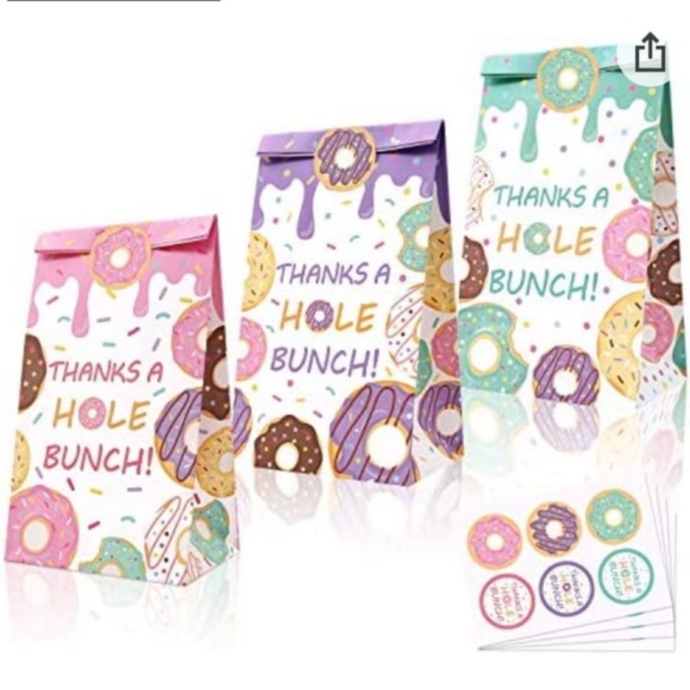 24 pack Donut Goodie bags with thanks a whole bunch stickers.